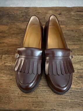 Sezane Glossy Chocolate Brown Leather Fringe Buckle Joey Loafers Size 41